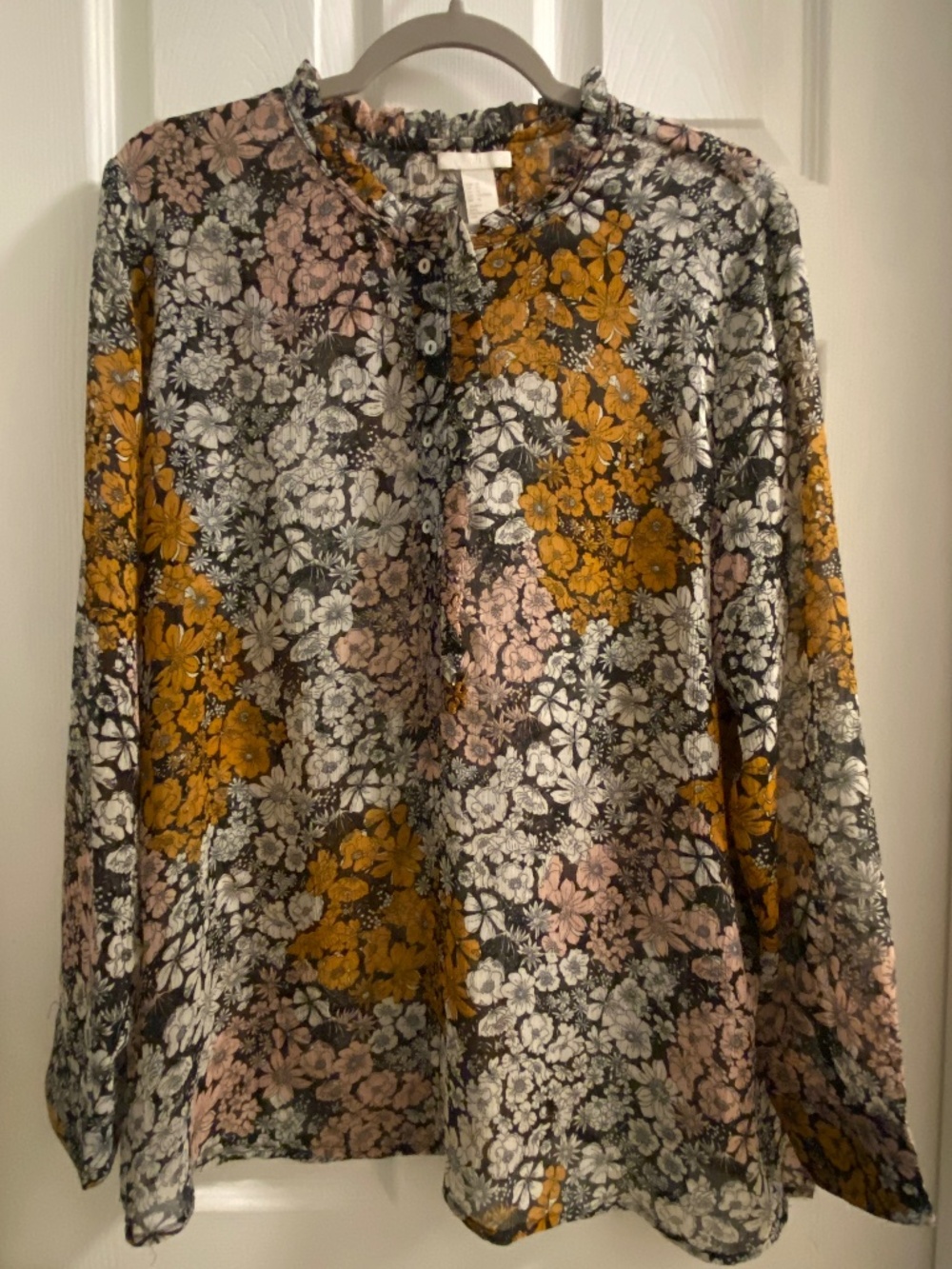 H & M Sheer Floral Blouse-Ruffle Mandarin Style Ruffle Collar-Women's 14